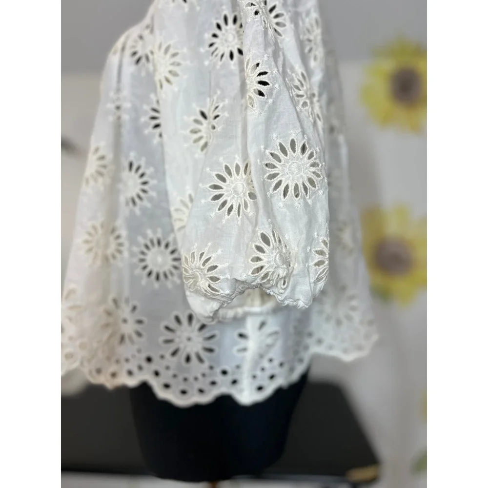 Madewell Eyelet Puff-Sleeve Top Antique‎ Cream Floral Scalloped Small NEW